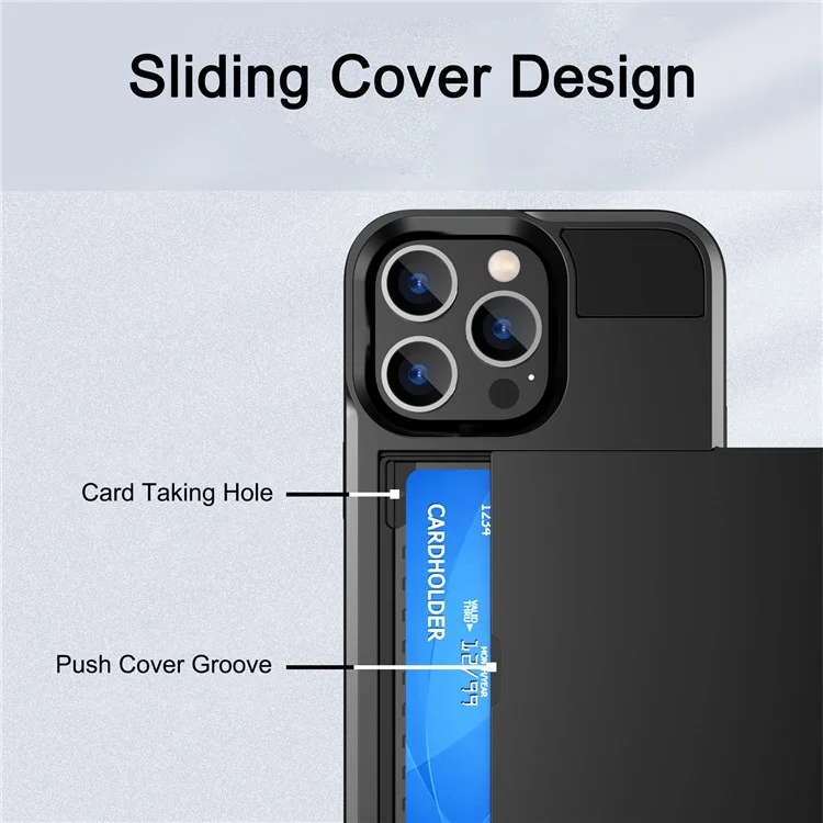 For iPhone 14 Pro Max 6.7 inch Anti-drop Phone Case with Sliding Cover Design Card Holder PC + TPU Hybrid Phone Shell - Black