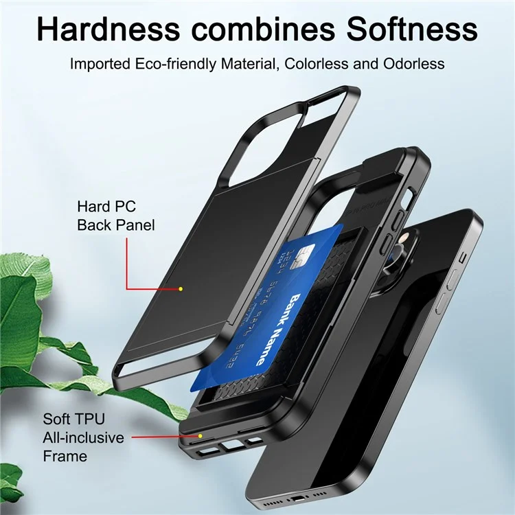 For iPhone 14 Pro Max 6.7 inch Anti-drop Phone Case with Sliding Cover Design Card Holder PC + TPU Hybrid Phone Shell - Black