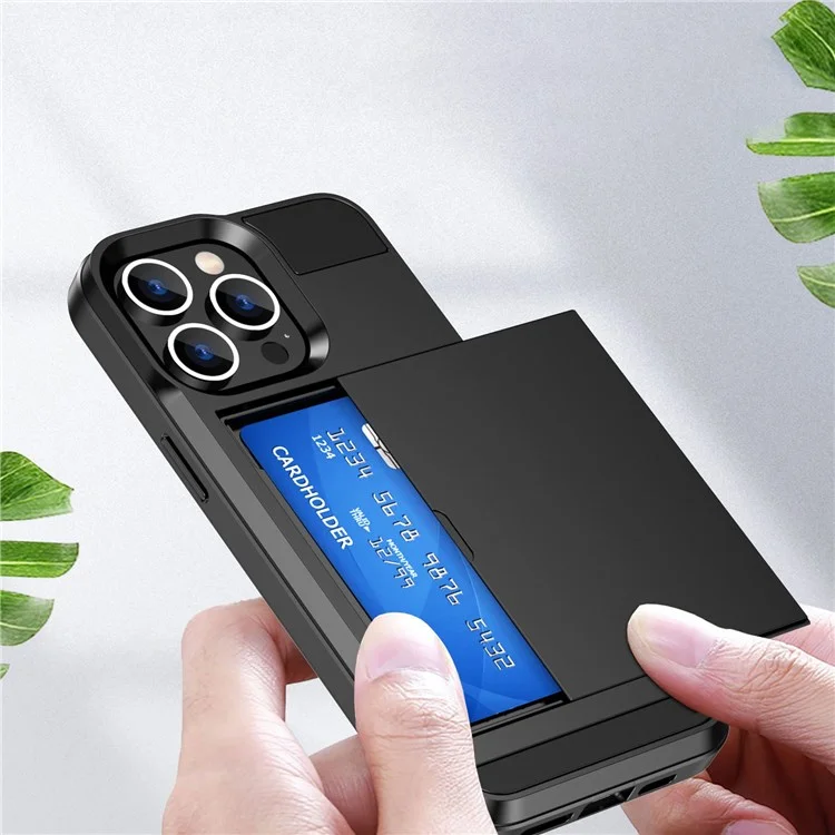 For iPhone 14 Pro Max 6.7 inch Anti-drop Phone Case with Sliding Cover Design Card Holder PC + TPU Hybrid Phone Shell - Black