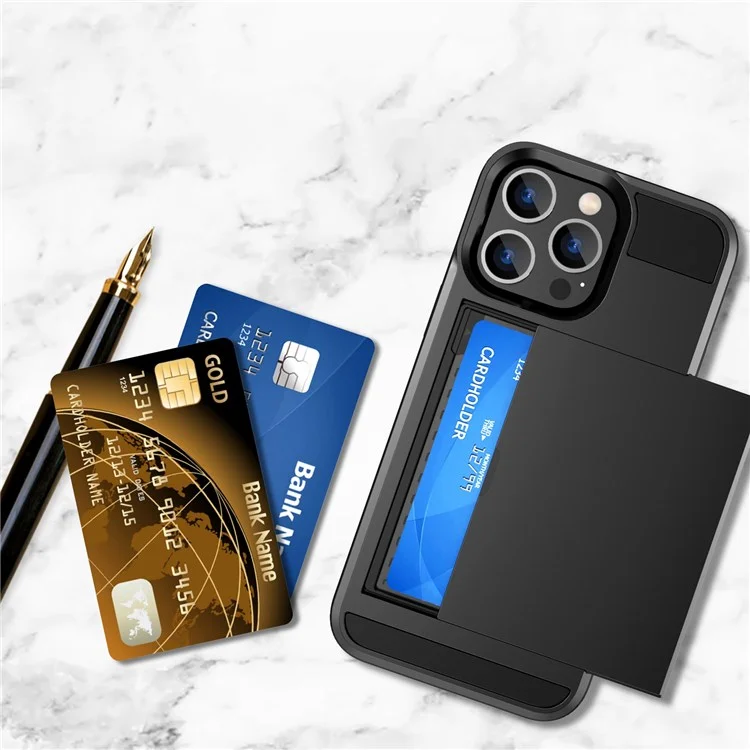 For iPhone 14 Pro Max 6.7 inch Anti-drop Phone Case with Sliding Cover Design Card Holder PC + TPU Hybrid Phone Shell - Black