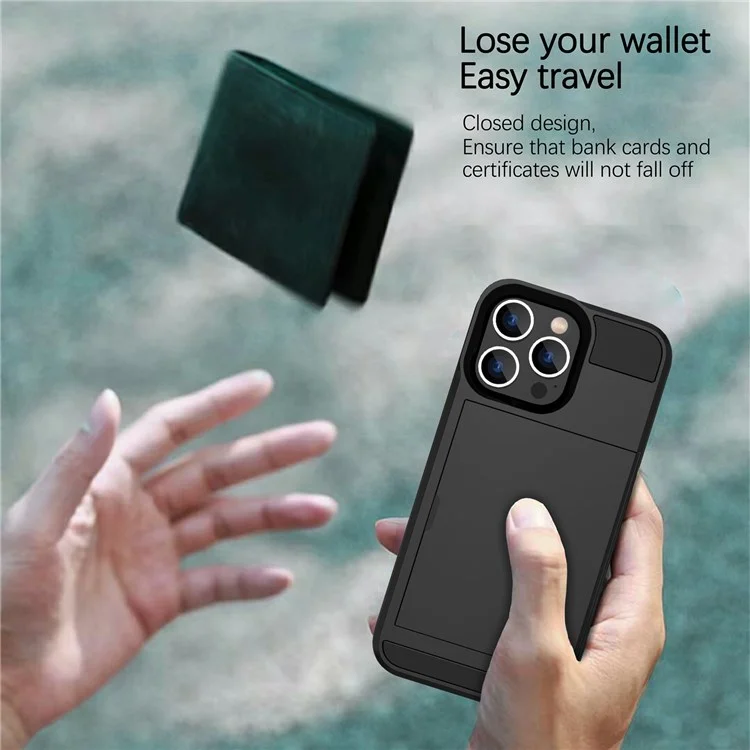 For iPhone 14 Pro Max 6.7 inch Anti-drop Phone Case with Sliding Cover Design Card Holder PC + TPU Hybrid Phone Shell - Black
