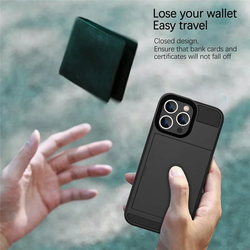 For iPhone 14 Plus 6.7 inch Drop-proof Phone Case PC + TPU Scratch-resistant Mobile Phone Cover with Sliding Card Slot - Grey