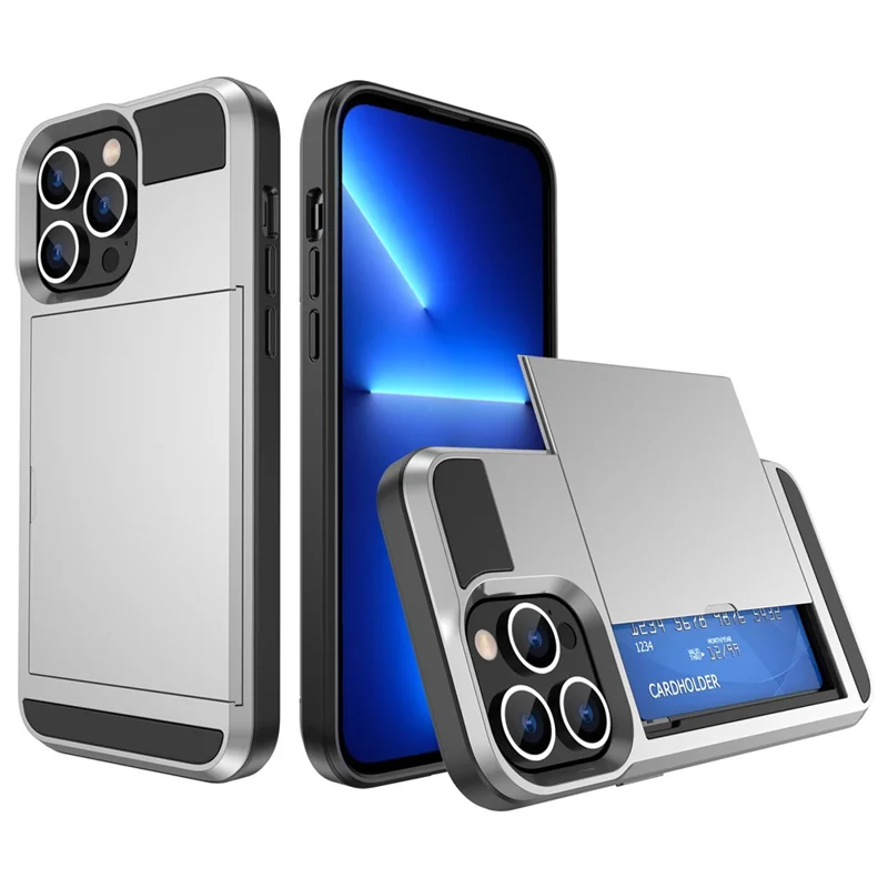 For iPhone 14 Plus 6.7 inch Drop-proof Phone Case PC + TPU Scratch-resistant Mobile Phone Cover with Sliding Card Slot - Silver