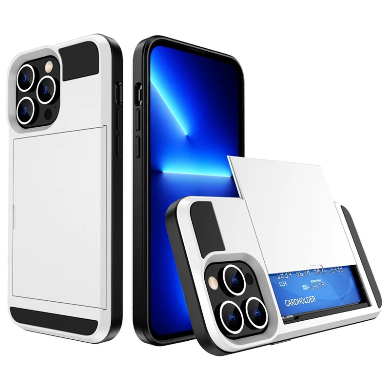 For iPhone 14 Plus 6.7 inch Drop-proof Phone Case PC + TPU Scratch-resistant Mobile Phone Cover with Sliding Card Slot - White
