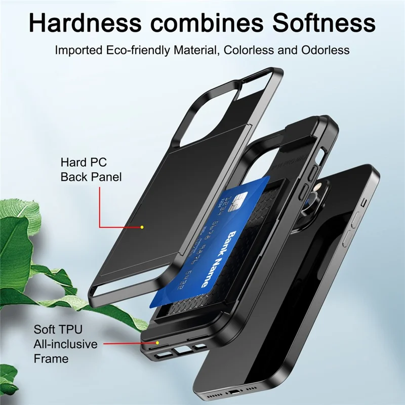 For iPhone 14 Plus 6.7 inch Drop-proof Phone Case PC + TPU Scratch-resistant Mobile Phone Cover with Sliding Card Slot - White