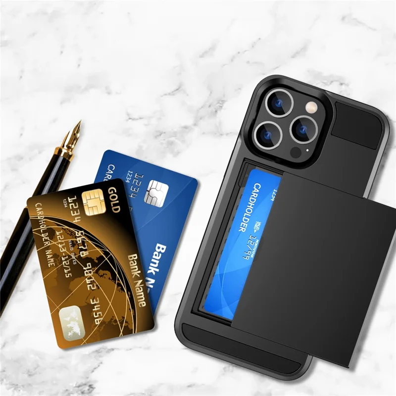 For iPhone 14 Plus 6.7 inch Drop-proof Phone Case PC + TPU Scratch-resistant Mobile Phone Cover with Sliding Card Slot - White