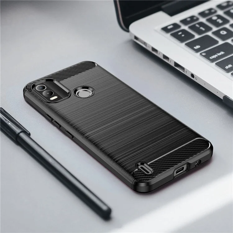 For Nokia C21 Plus 4G Back Cover Brushed Surface TPU Phone Case Anti-wear Anti-fall Carbon Fiber Texture Protector - Black