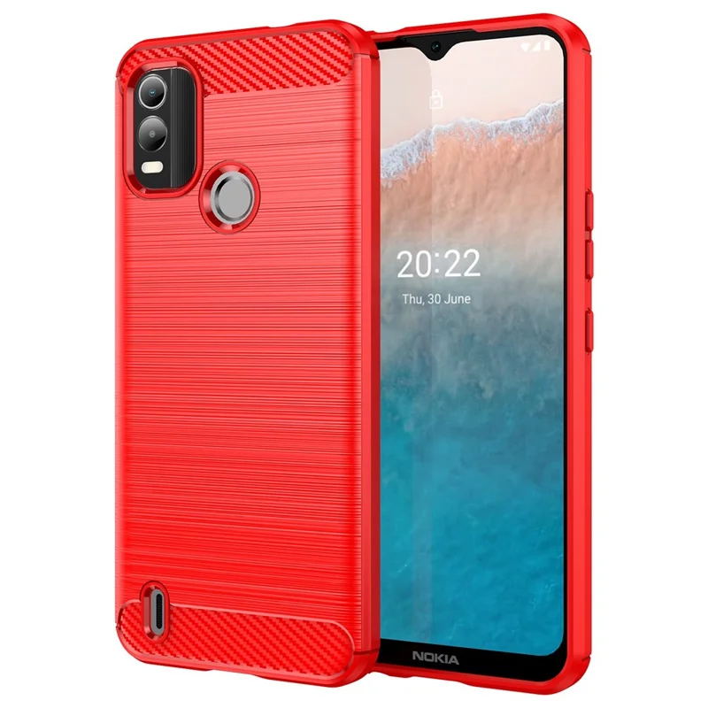 For Nokia C21 Plus 4G Back Cover Brushed Surface TPU Phone Case Anti-wear Anti-fall Carbon Fiber Texture Protector - Red