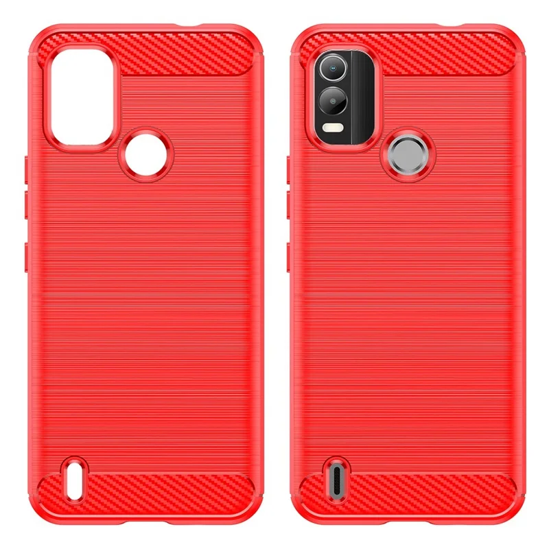 For Nokia C21 Plus 4G Back Cover Brushed Surface TPU Phone Case Anti-wear Anti-fall Carbon Fiber Texture Protector - Red