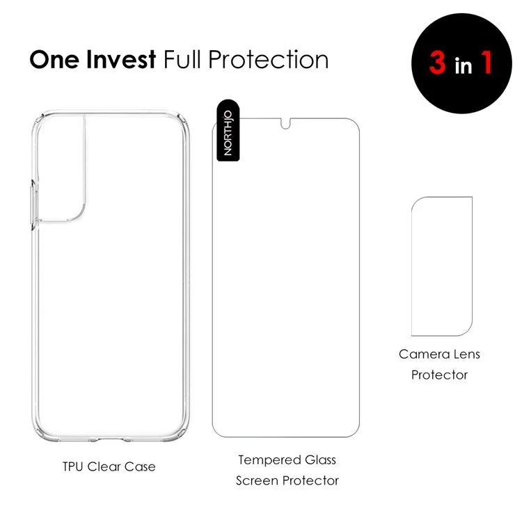 Northjo Para Samsung Galaxy S22 5G Case de Teléfono de TPU Suave Contra la Caza Con Protector de Pantalla de Vidrio Templado Resistente a Los Arañazos y Cubierta de Lente de Cámara Trasera