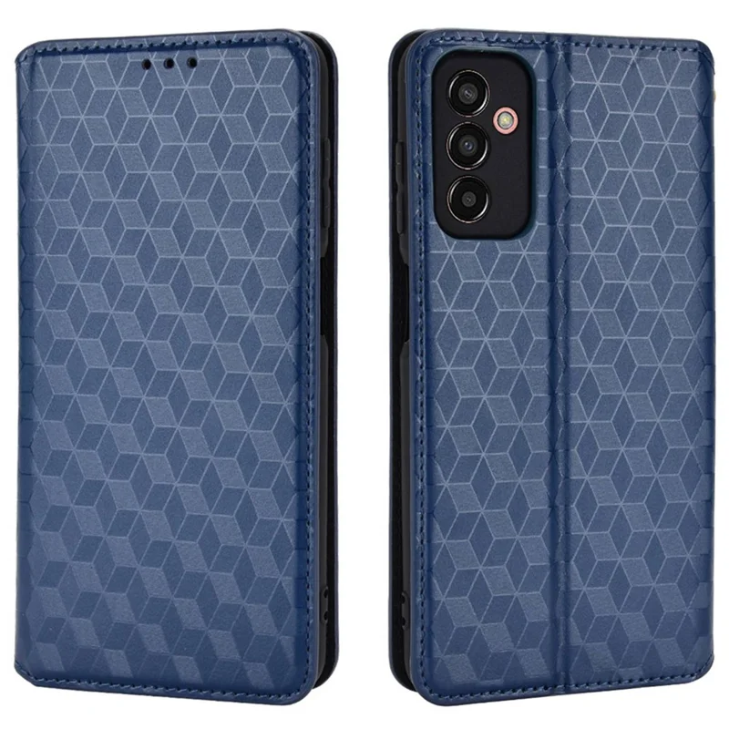 For Samsung Galaxy M13 4G Imprinting Rhombus Pattern PU Leather Cover Magnetic Auto-absorbed Phone Stand Wallet Case - Blue