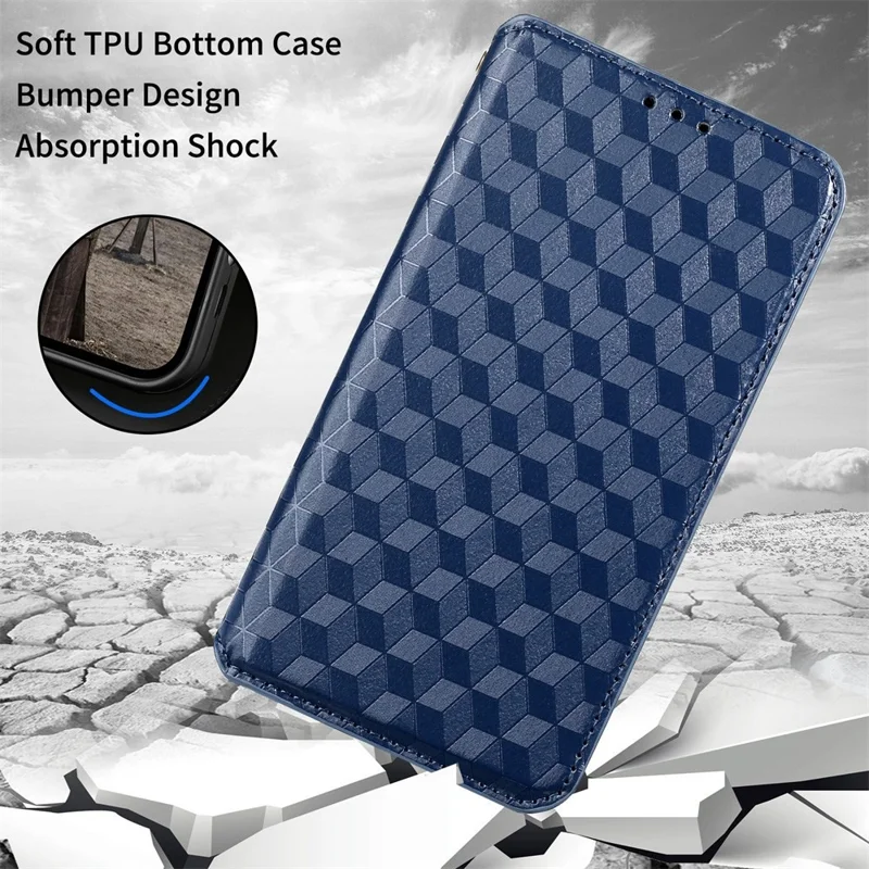For Samsung Galaxy M13 4G Imprinting Rhombus Pattern PU Leather Cover Magnetic Auto-absorbed Phone Stand Wallet Case - Blue