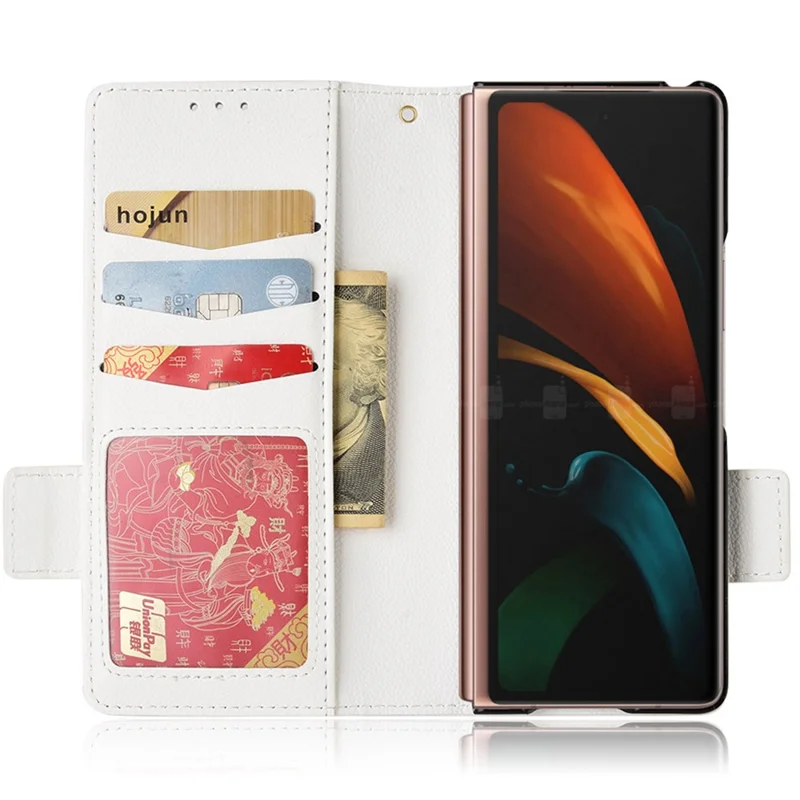 For Samsung Galaxy Z Fold2 5G Litchi Texture Shockproof Phone Case PU Leather Double Magnetic Clasp Cover with Stand Wallet - White