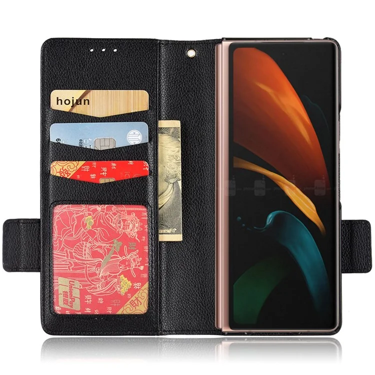 For Samsung Galaxy Z Fold2 5G Litchi Texture Shockproof Phone Case PU Leather Double Magnetic Clasp Cover with Stand Wallet - Black