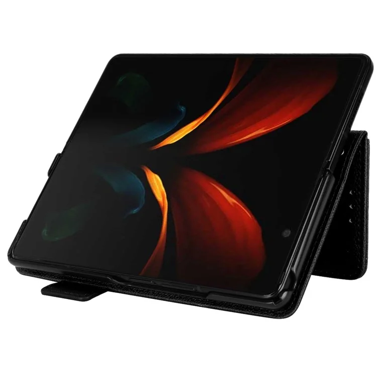 For Samsung Galaxy Z Fold2 5G Litchi Texture Shockproof Phone Case PU Leather Double Magnetic Clasp Cover with Stand Wallet - Black