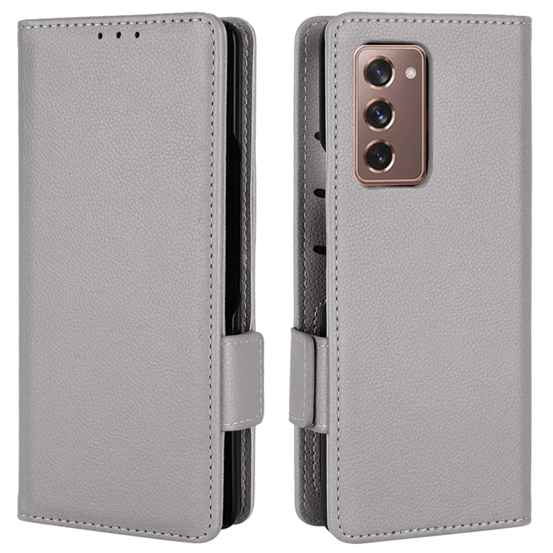 For Samsung Galaxy Z Fold2 5G Litchi Texture Shockproof Phone Case PU Leather Double Magnetic Clasp Cover with Stand Wallet - Grey