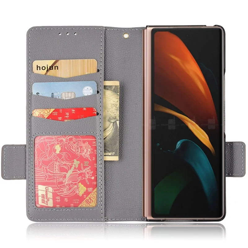 For Samsung Galaxy Z Fold2 5G Litchi Texture Shockproof Phone Case PU Leather Double Magnetic Clasp Cover with Stand Wallet - Grey