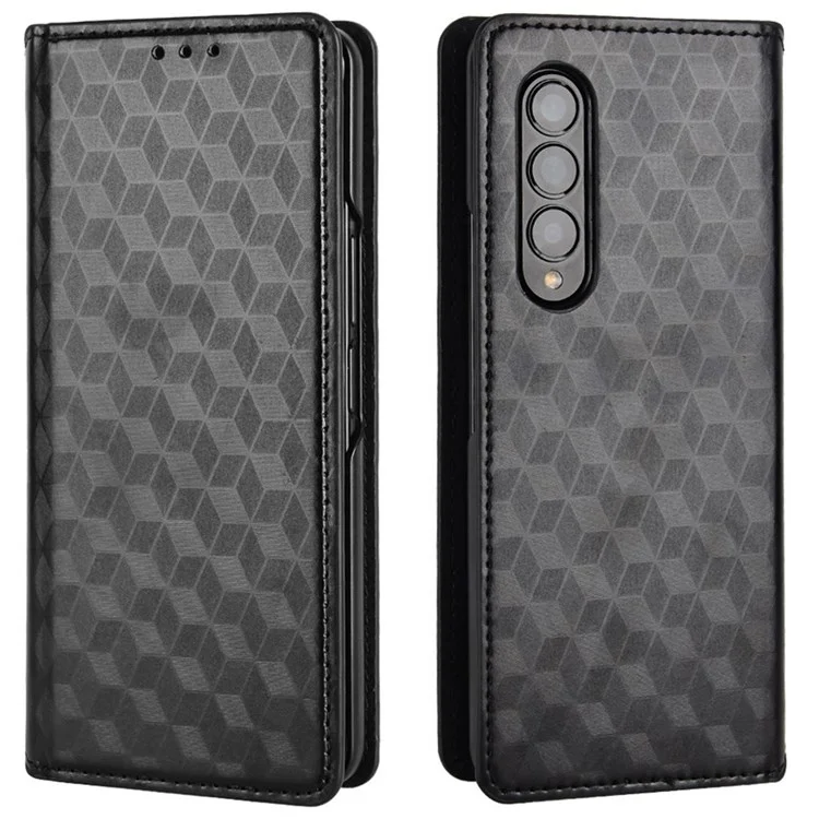 Para Samsung Galaxy Z Fold3 5G Impresión de la Imprenta Patrón de Rombo Funda de Cuero de Cuero Cubierta de Teléfono Anti-drop - Negro