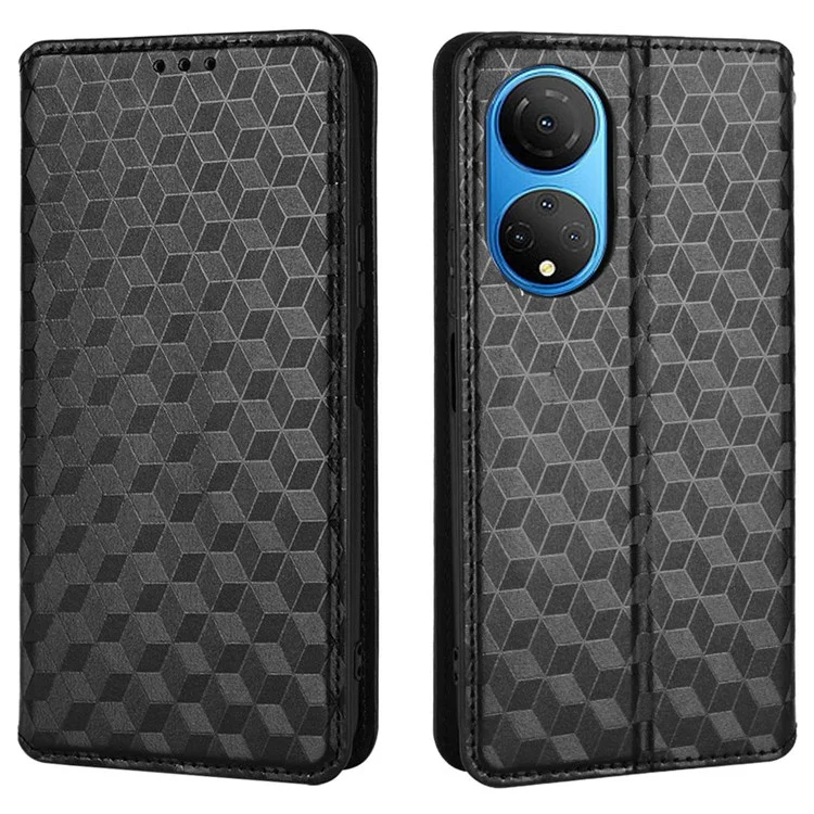 For Honor X7 Magnetischer Adsorptions-Handy-Ständer Brieftasche Schutzhülle PU-Leder Rhombus-Prägung Handy-Cover-Shell - Schwarz