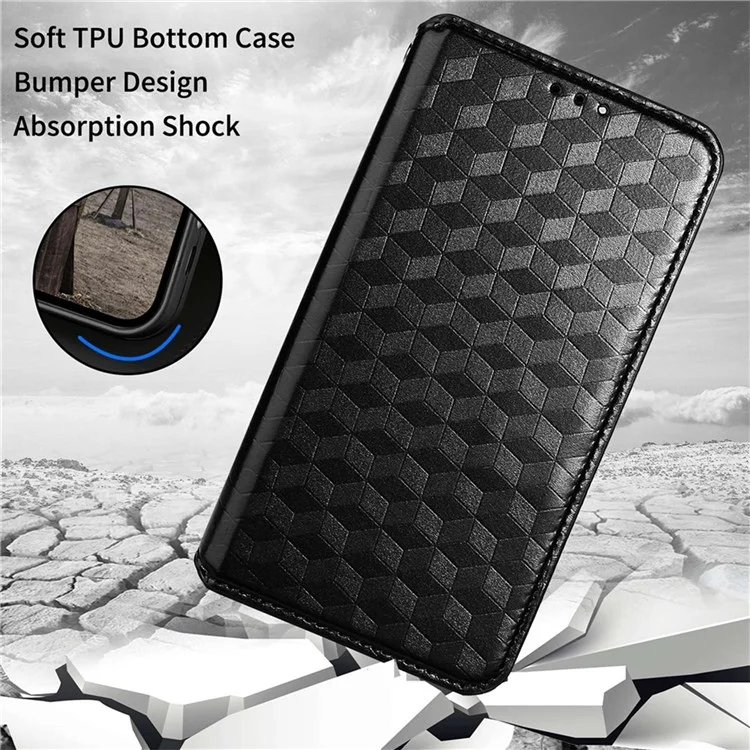 For Honor X7 Magnetischer Adsorptions-Handy-Ständer Brieftasche Schutzhülle PU-Leder Rhombus-Prägung Handy-Cover-Shell - Schwarz