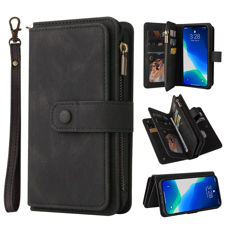 For iPhone 14 Pro Zipper Wallet Case with 15 Card Slots and Strap Leather Phone Cover - Black