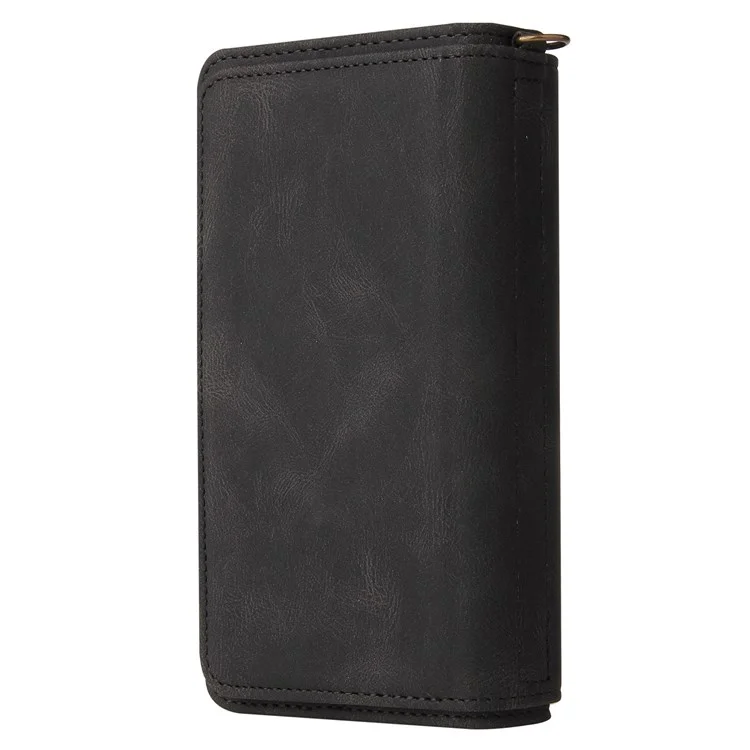 For iPhone 14 Pro Zipper Wallet Case with 15 Card Slots and Strap Leather Phone Cover - Black