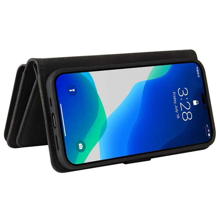 For iPhone 14 Pro Zipper Wallet Case with 15 Card Slots and Strap Leather Phone Cover - Black