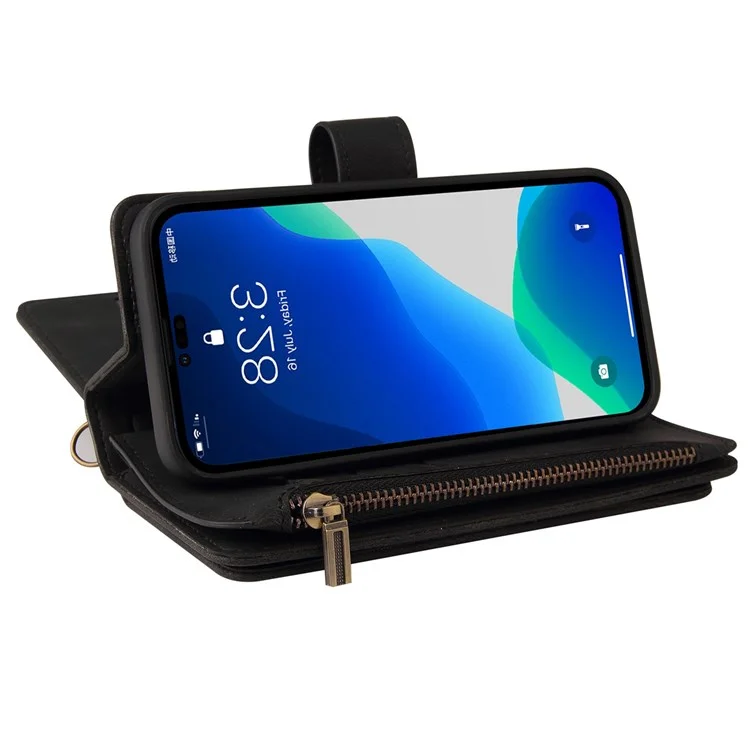 For iPhone 14 Pro Zipper Wallet Case with 15 Card Slots and Strap Leather Phone Cover - Black