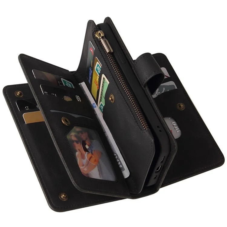 For iPhone 14 Pro Zipper Wallet Case with 15 Card Slots and Strap Leather Phone Cover - Black