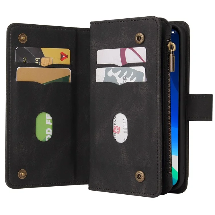 For iPhone 14 Pro Zipper Wallet Case with 15 Card Slots and Strap Leather Phone Cover - Black
