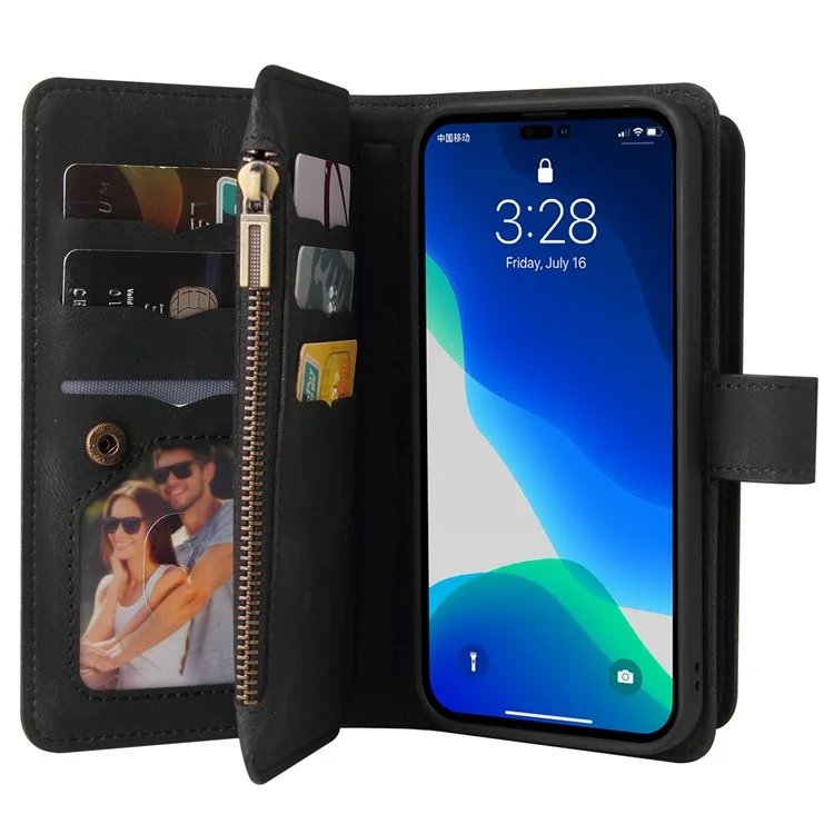 For iPhone 14 Pro Zipper Wallet Case with 15 Card Slots and Strap Leather Phone Cover - Black