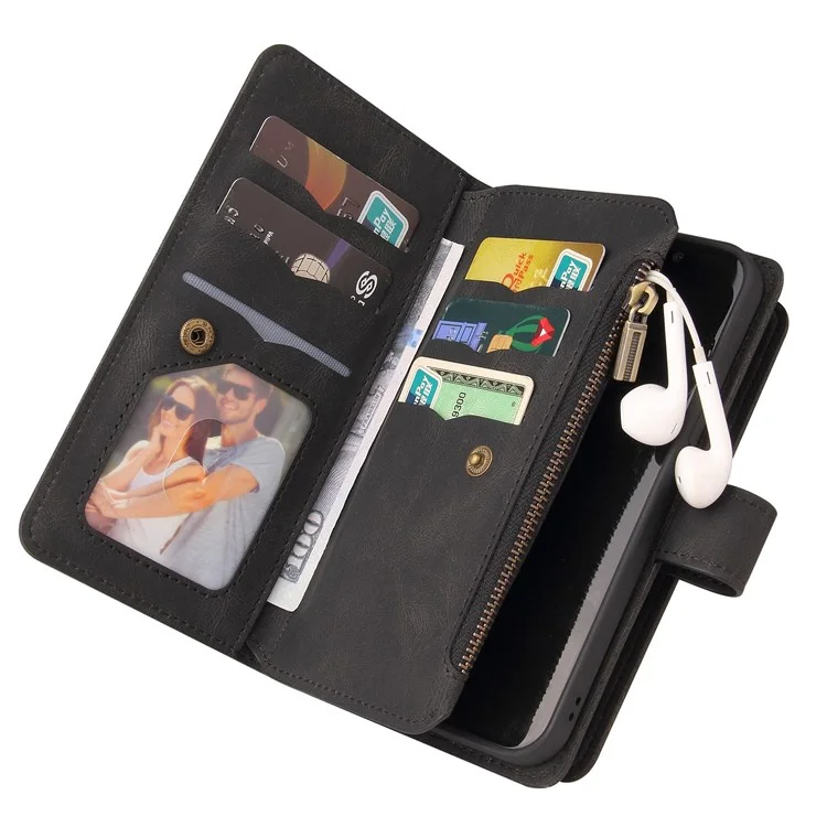 For iPhone 14 Pro Zipper Wallet Case with 15 Card Slots and Strap Leather Phone Cover - Black