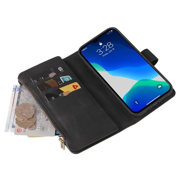 For iPhone 14 Pro Zipper Wallet Case with 15 Card Slots and Strap Leather Phone Cover - Black