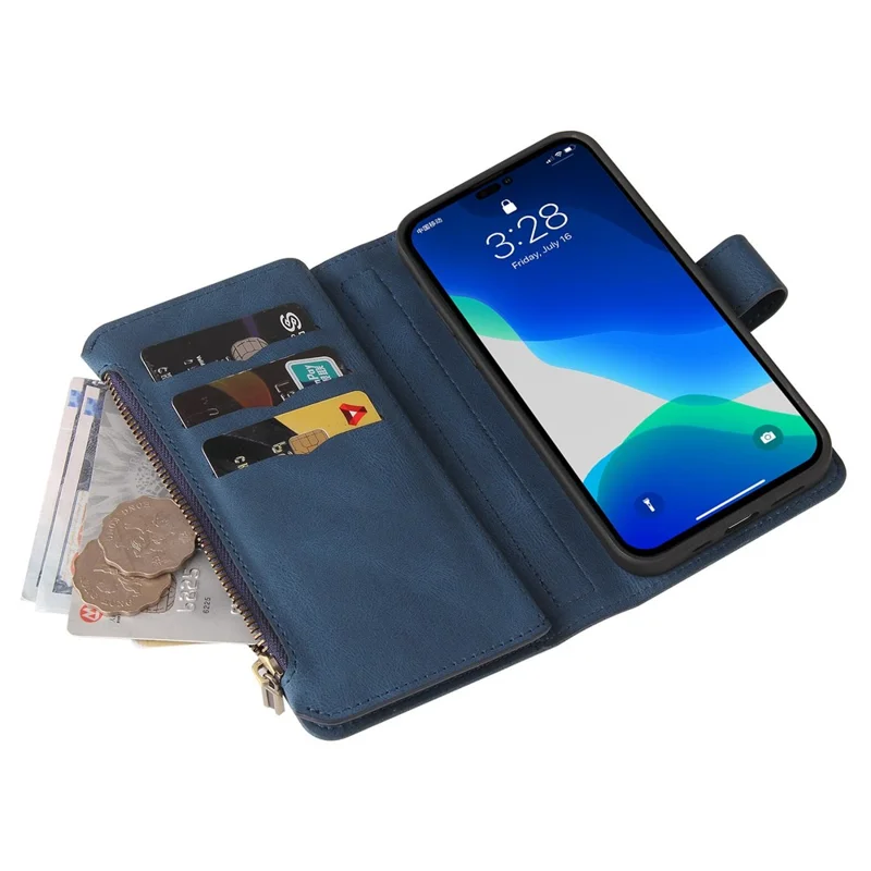 For iPhone 14 Pro Max Zipper Wallet Case with 15 Card Slots and Strap Leather Phone Cover - Blue