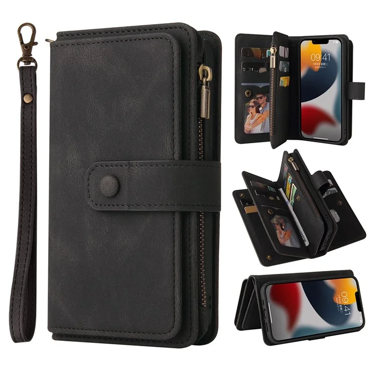 Per iPhone 14 6.1 pollici KT Multi-Functional Series-2 Slot per Multiple Card Stand Phone Case Skin-touch Pelle PU Cover con Tasca Zip Portafoglio - Nero