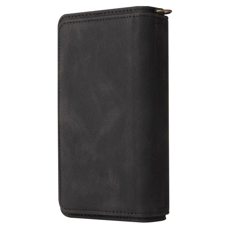 Per iPhone 14 6.1 pollici KT Multi-Functional Series-2 Slot per Multiple Card Stand Phone Case Skin-touch Pelle PU Cover con Tasca Zip Portafoglio - Nero