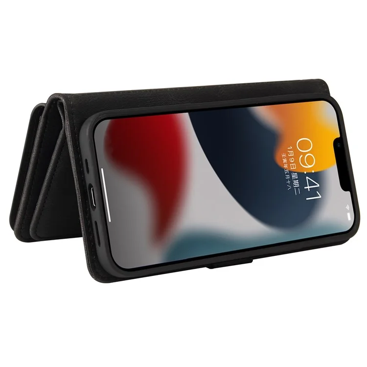 Per iPhone 14 6.1 pollici KT Multi-Functional Series-2 Slot per Multiple Card Stand Phone Case Skin-touch Pelle PU Cover con Tasca Zip Portafoglio - Nero