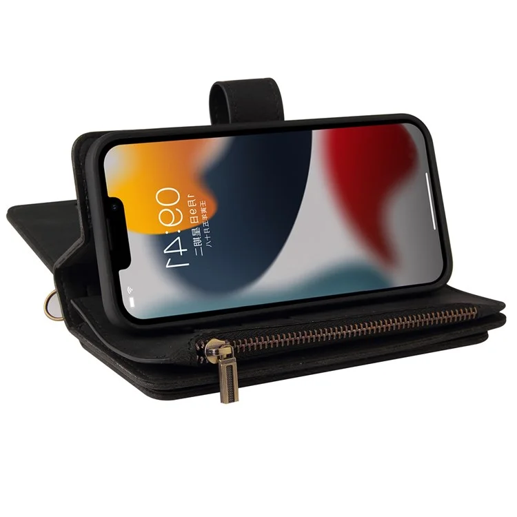Per iPhone 14 6.1 pollici KT Multi-Functional Series-2 Slot per Multiple Card Stand Phone Case Skin-touch Pelle PU Cover con Tasca Zip Portafoglio - Nero