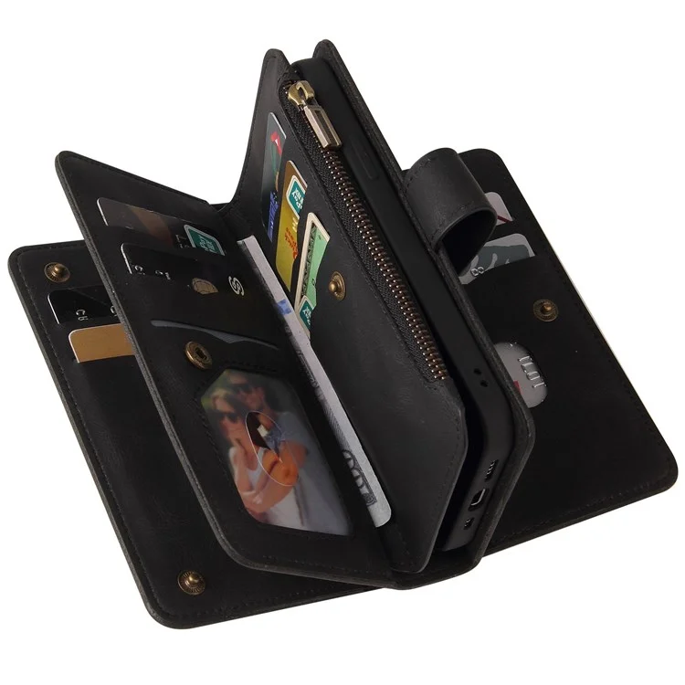 Per iPhone 14 6.1 pollici KT Multi-Functional Series-2 Slot per Multiple Card Stand Phone Case Skin-touch Pelle PU Cover con Tasca Zip Portafoglio - Nero