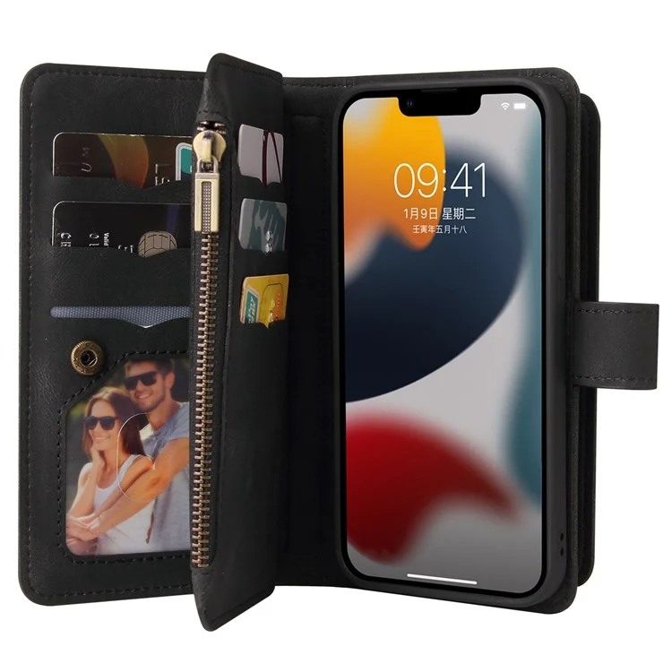 Per iPhone 14 6.1 pollici KT Multi-Functional Series-2 Slot per Multiple Card Stand Phone Case Skin-touch Pelle PU Cover con Tasca Zip Portafoglio - Nero