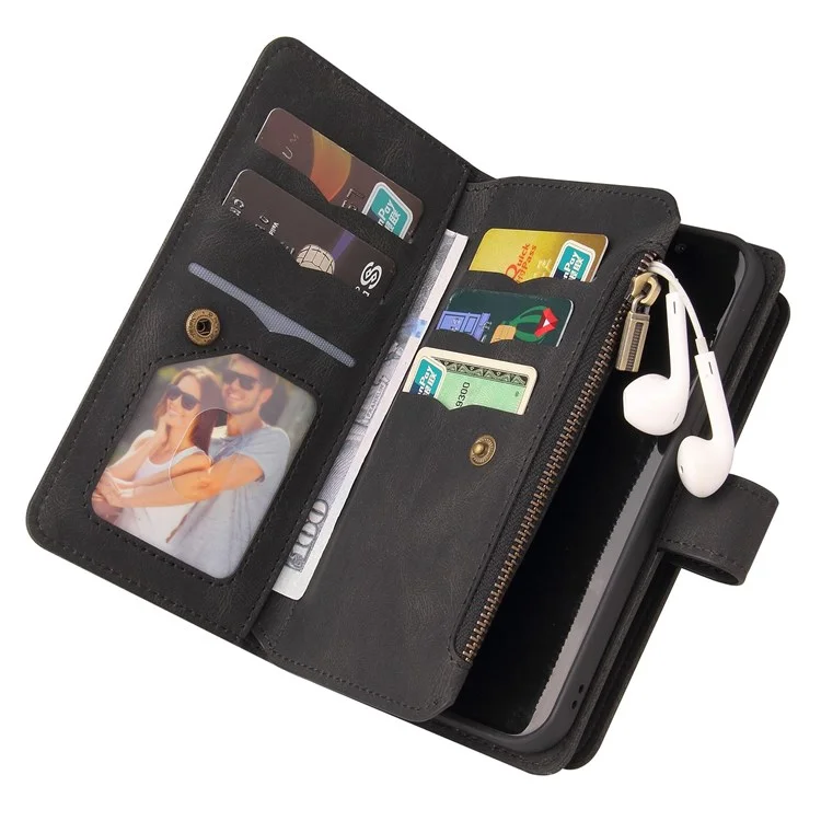 Per iPhone 14 6.1 pollici KT Multi-Functional Series-2 Slot per Multiple Card Stand Phone Case Skin-touch Pelle PU Cover con Tasca Zip Portafoglio - Nero