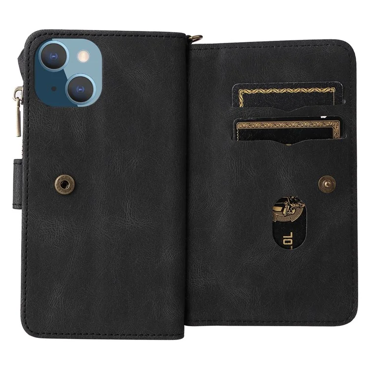 Per iPhone 14 6.1 pollici KT Multi-Functional Series-2 Slot per Multiple Card Stand Phone Case Skin-touch Pelle PU Cover con Tasca Zip Portafoglio - Nero
