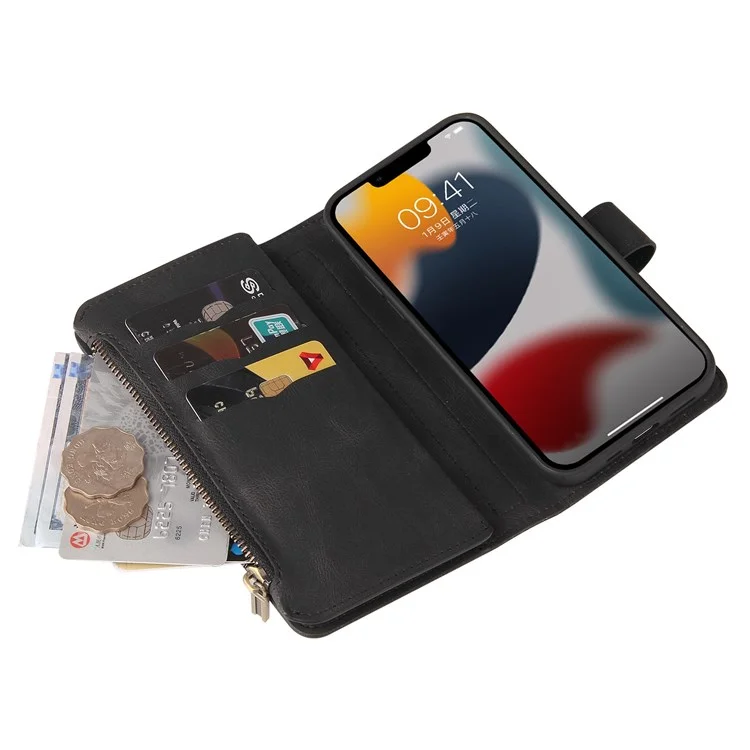 Per iPhone 14 6.1 pollici KT Multi-Functional Series-2 Slot per Multiple Card Stand Phone Case Skin-touch Pelle PU Cover con Tasca Zip Portafoglio - Nero