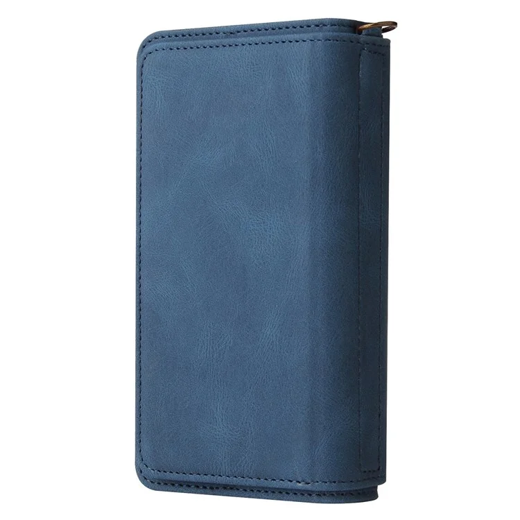 For iPhone 14 Plus Zipper Wallet Case with 15 Card Slots and Strap Leather Phone Cover - Blue