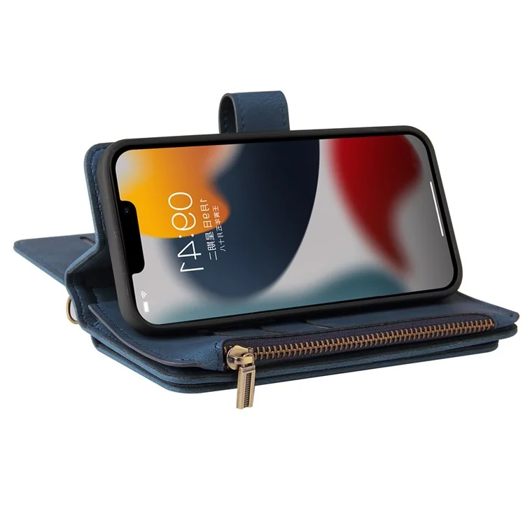 For iPhone 14 Plus Zipper Wallet Case with 15 Card Slots and Strap Leather Phone Cover - Blue