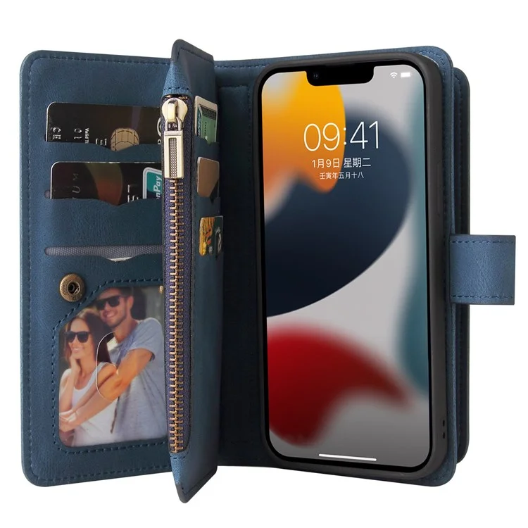 For iPhone 14 Plus Zipper Wallet Case with 15 Card Slots and Strap Leather Phone Cover - Blue