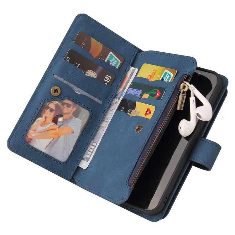 For iPhone 14 Plus Zipper Wallet Case with 15 Card Slots and Strap Leather Phone Cover - Blue