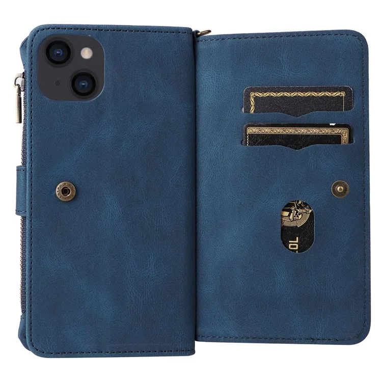 For iPhone 14 Plus Zipper Wallet Case with 15 Card Slots and Strap Leather Phone Cover - Blue