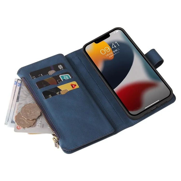 For iPhone 14 Plus Zipper Wallet Case with 15 Card Slots and Strap Leather Phone Cover - Blue