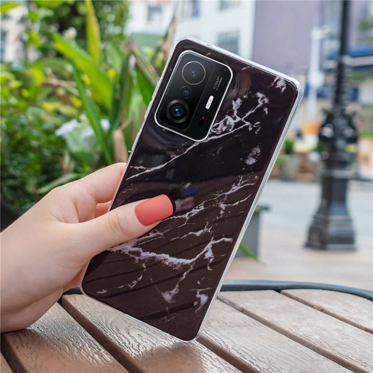 For Xiaomi 11T Pro 5G/11T 5G Smart Phone Soft TPU Protective Cover IMD Marble Pattern Drop-proof Case - Black